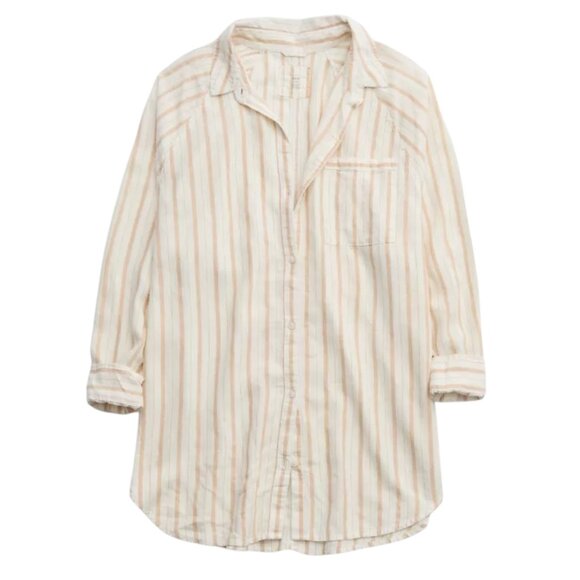 Aerie Pool-To-Party Linen Edition Cover Up Shirt, White/Light Beige Striped, XXL - Picture 3 of 6